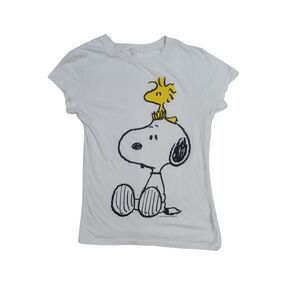 Snoopy & Woodstock T-shirt White Short Sleeve Tee Sz M qh